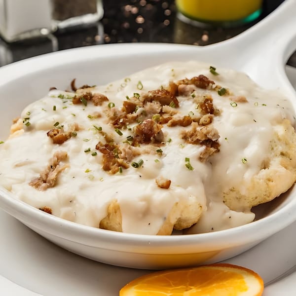 Biscuits and gravy topped with sausage crumbles and chives, served with an orange slice.