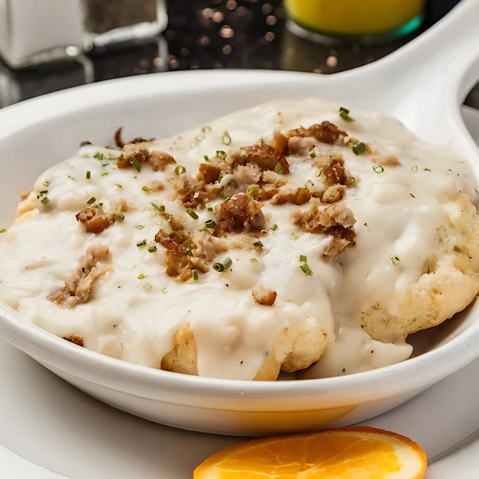Biscuits and gravy topped with sausage crumbles and chives, served with an orange slice.
