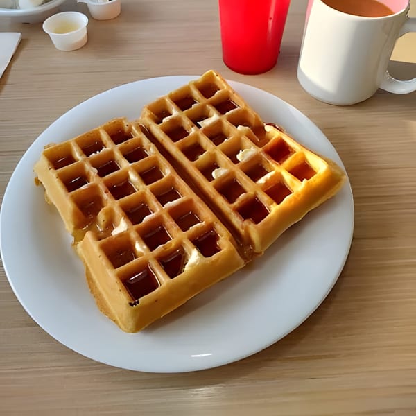 Two golden waffles with syrup and butter on a white plate, with drinks in the background.